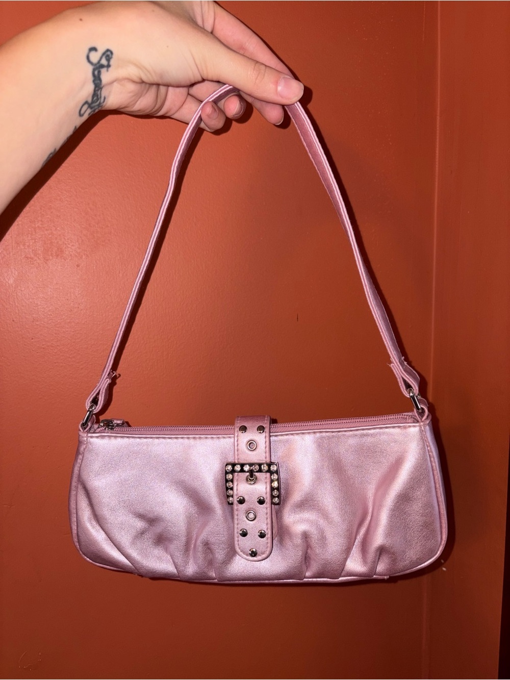 Pink Y2K Shoulder Bag with Studded Buckle
